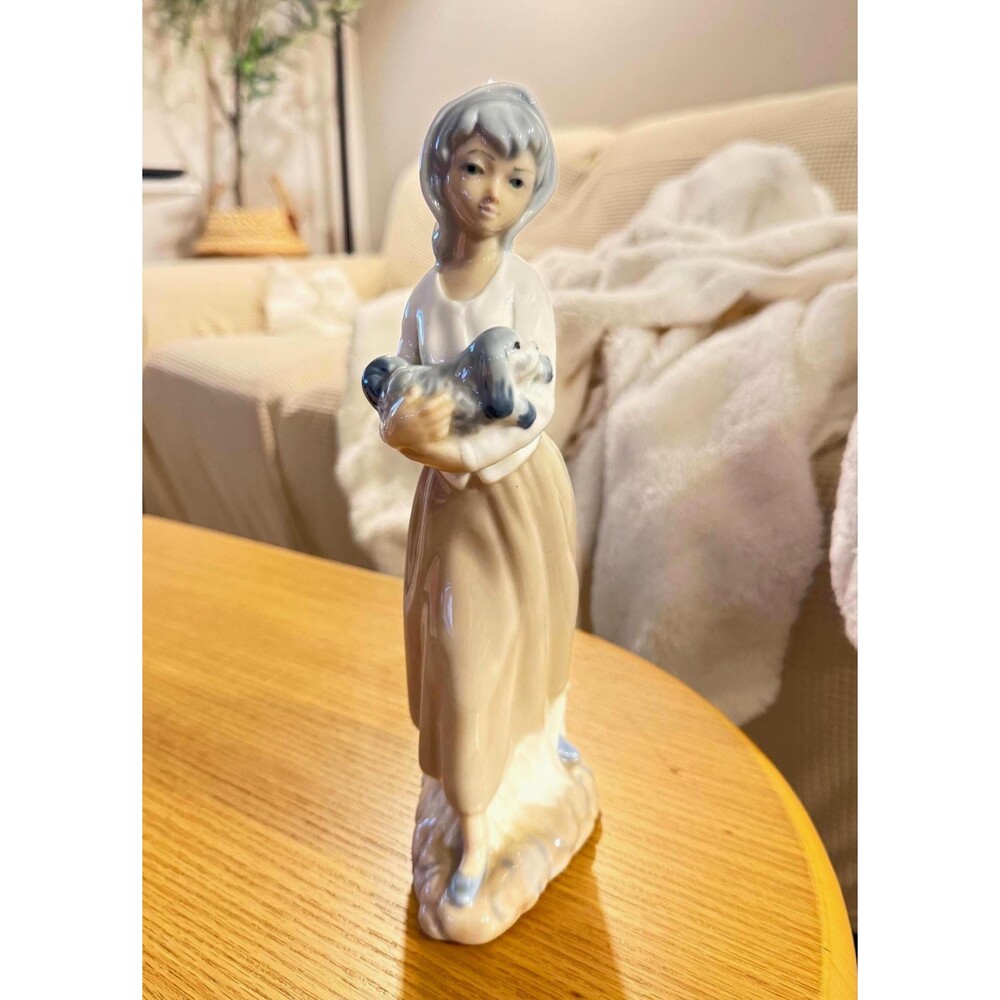 Vintage Casades Porcelain Figurine Woman Holding Puppy Dog Muted Tones Spain 10"